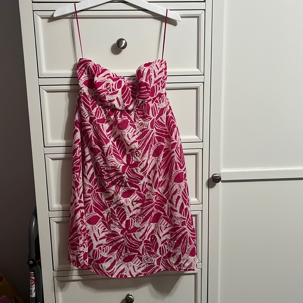 Strapless pink tropical dress